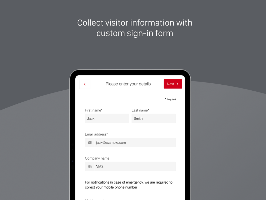 iPad-Anzeige eines digitalen Anmeldeformulars, in das Bürogäste ihre persönlichen Daten und Unternehmensdetails eingeben können