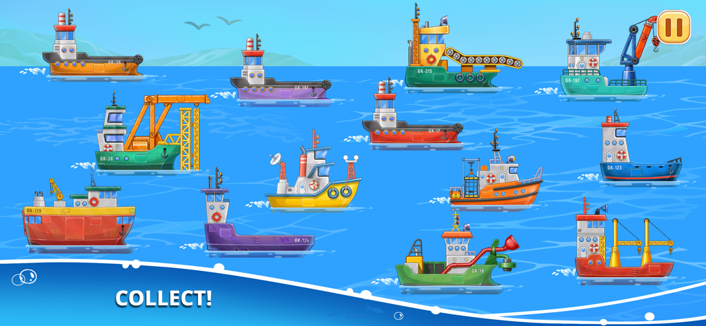 A variety of colorful cartoon ships and construction vessels floating on the blue ocean in a kids game