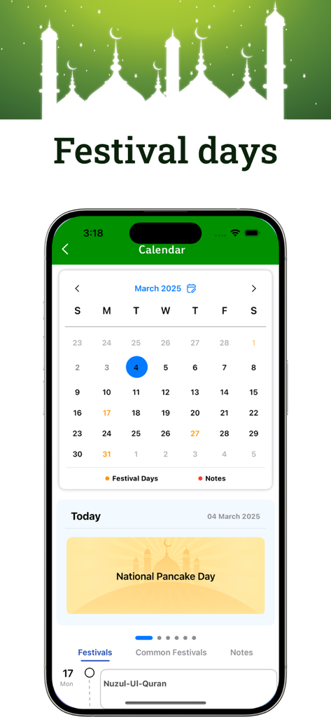 Azerbaijani Quran - Calendar view in the Azerbaijani Quran app showing religious festival dates and upcoming holidays.