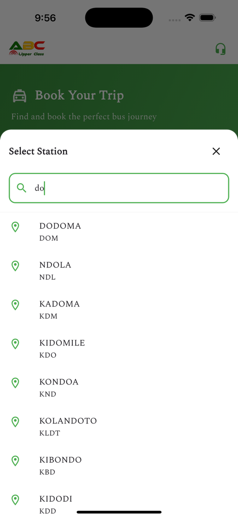 Abc Upper Class Bus - Abc Upper Class Bus app interface for searching and selecting a bus station.