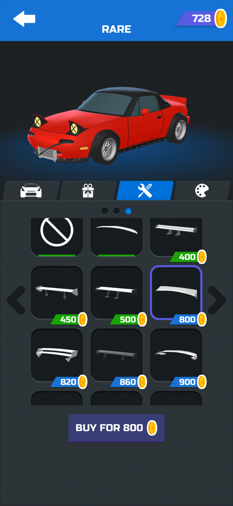 A red sports car in the Hyper Drift customization menu showing various spoiler and wing upgrade options with coin prices