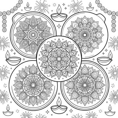 Celebrate the Festival of Lights with this unique Diwali coloring page, featuring pizza pans and baking stones adorned with intricate rangoli designs. Let your creativity shine as you bring vibrant colors to these festive symbols and glowing diyas.