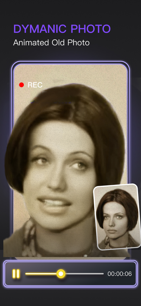 LoopArt - 3D Photo & Morph - LoopArt 앱 인터페이스, 재생 바와 함께 동적으로 애니메이션되는 여성의 빈티지 사진을 보여줌.