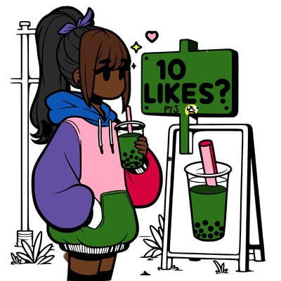 girl with oversized hoodie drinking boba and she has a high ponytail with a sign that says 10likes?