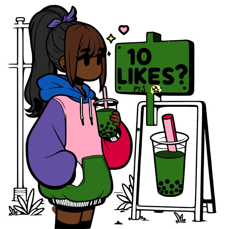 girl with oversized hoodie drinking boba and she has a high ponytail with a sign that says 10likes?