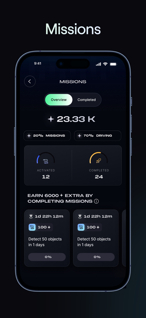 NATIX Drive& - Interface of the NATIX Drive and app showing available driving missions, total points earned, and mission progress.
