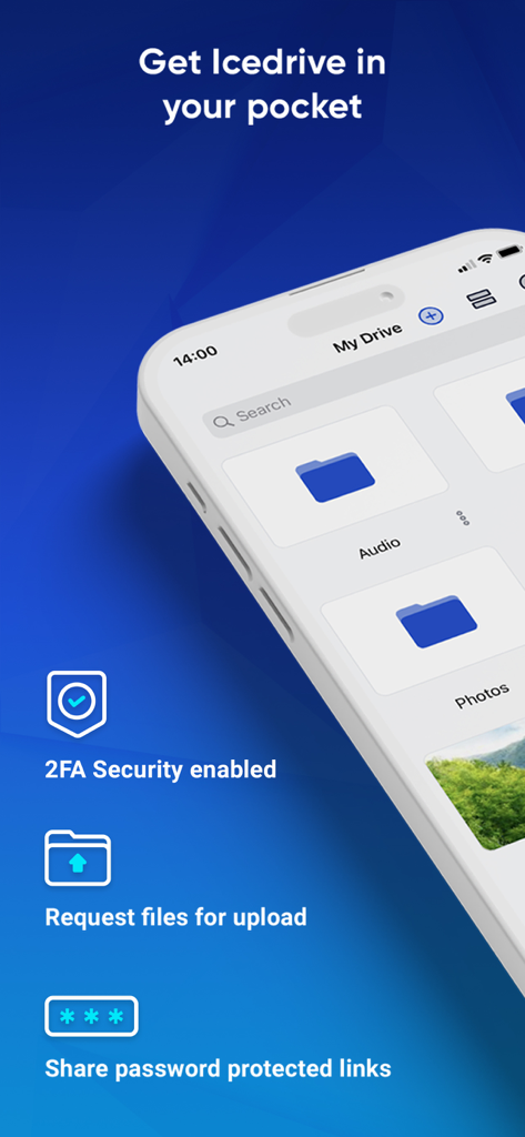 Icedrive – Cloud Storage - Icedrive app screenshot on iPhone showing 2FA security and password protected file sharing features