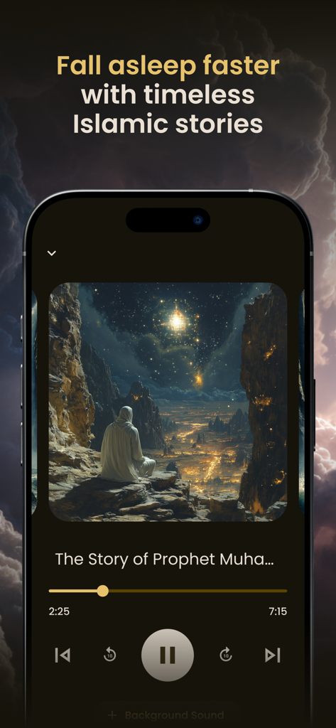 Ayatique: Quran Stories - Interfaccia del lettore audio dell'app Ayatique che mostra una storia islamica narrata per dormire con immagini spirituali.