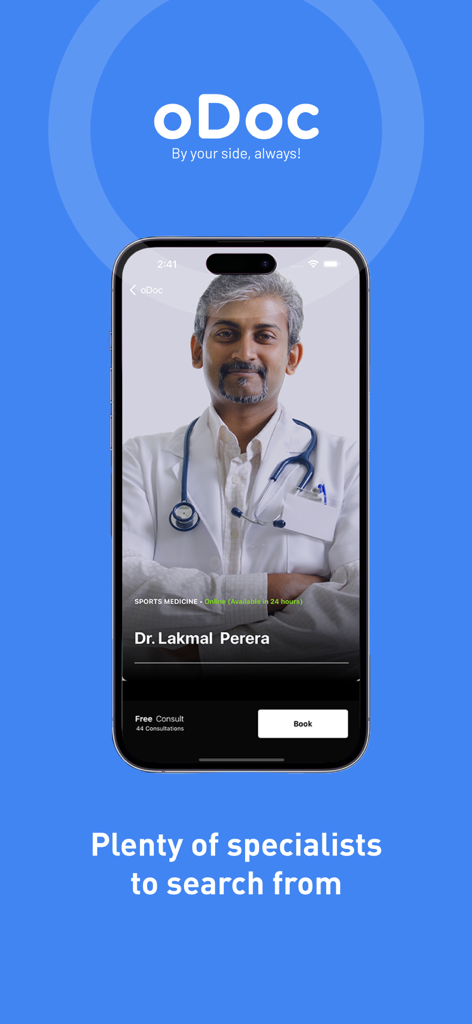 Smartphone screen of the oDoc app showing a specialist doctor profile and a book button