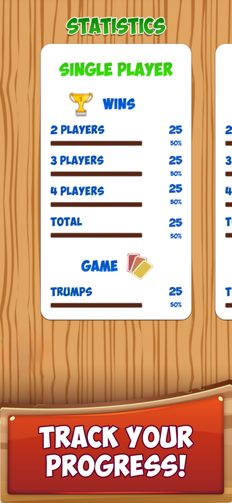 Briscola Online app screen showing single player game statistics and progress tracking.