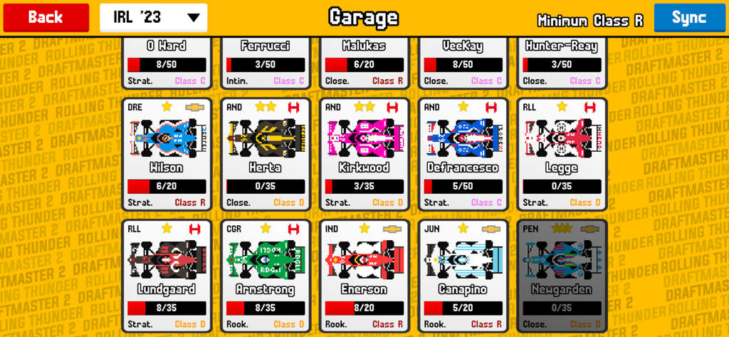 Draftmaster 2 - Draftmaster 2 garage screen with driver selection and car stats