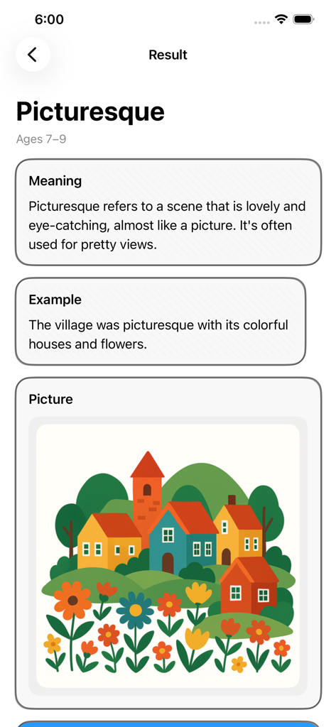 Smart Dictionary - Smart Dictionary app screen displaying a simple definition and colorful illustration for the word picturesque