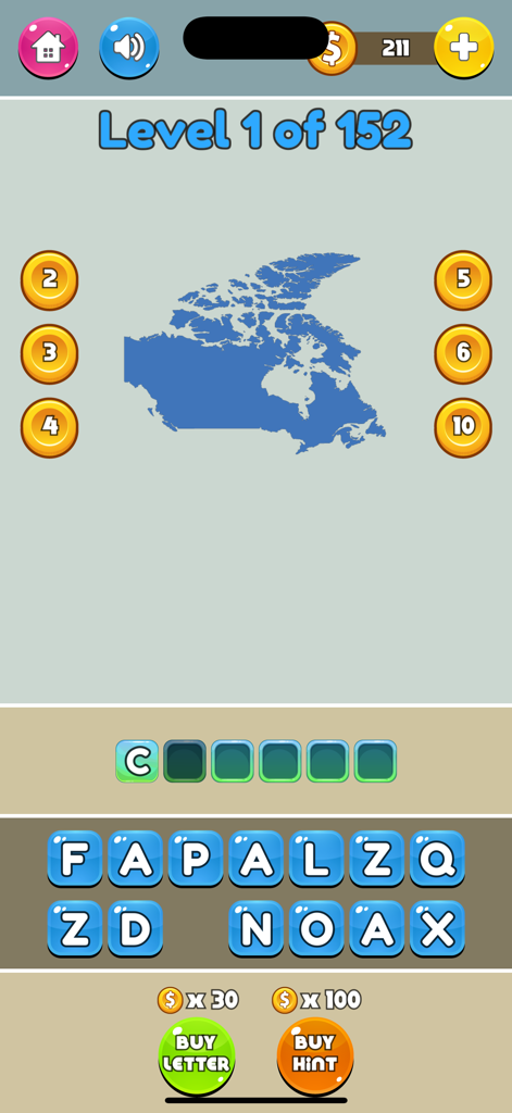 World Map Quiz 2025 gameplay screen identifying the country of Canada by its shape