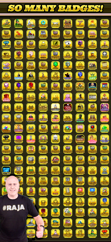 A large grid of colorful reward badges from The Big Jackpot app featuring influencer The Raja
