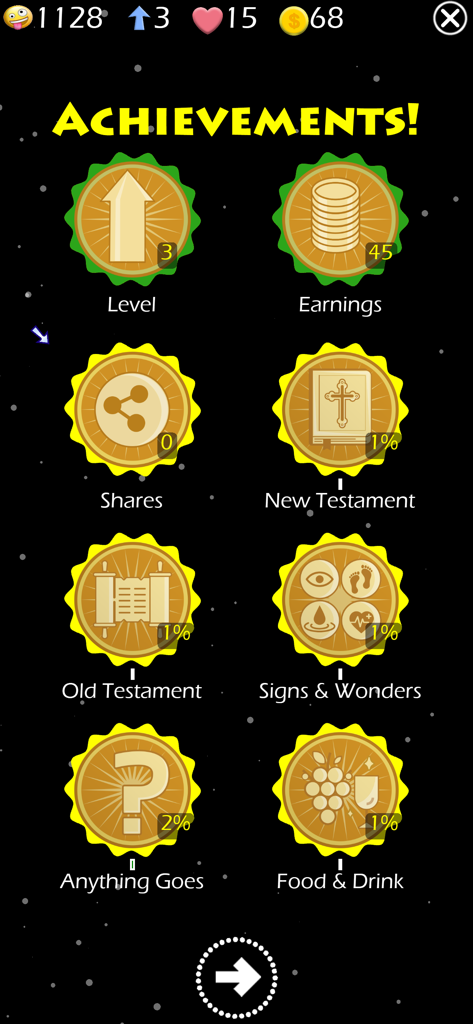 Jesus Bible Trivia Games Quiz - Achievements screen of the Jesus Bible Trivia Games Quiz showing various badges for Old Testament New Testament and game progress