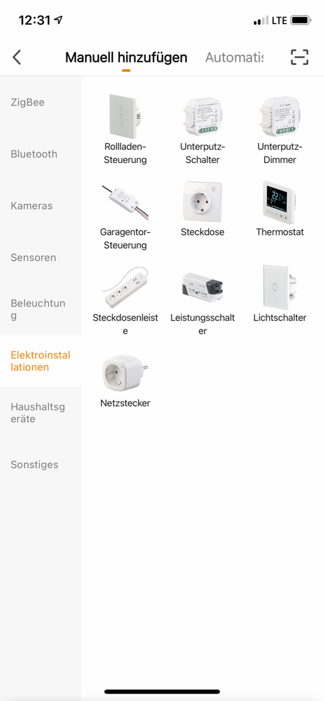 Oberfläche der ELESION-App, die das Menü zum manuellen Hinzufügen von elektrischen Smart-Home-Geräten wie Lichtschaltern, Steckdosen und Thermostaten anzeigt.