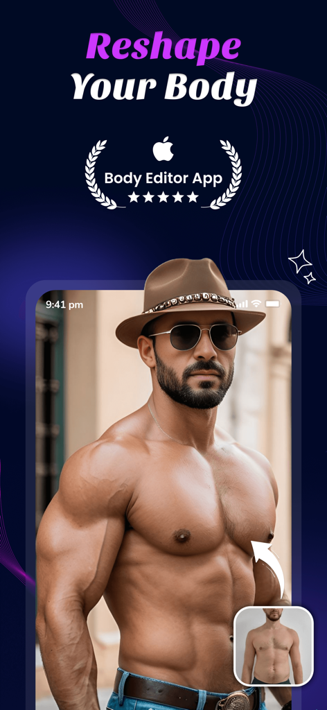Interfaz de la aplicación móvil que demuestra la remodelación corporal con IA de un físico normal a un físico musculoso de culturista