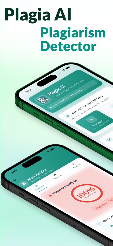 Interface of the Plagia AI app showing plagiarism scan results and detection methods on two iPhones