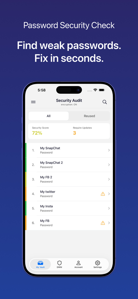 Password Manager by VMP - Pantalla de la aplicación móvil VMP Pass que muestra una auditoría de seguridad de contraseñas con una puntuación de seguridad y una lista de cuentas de redes sociales que requieren actualizaciones.
