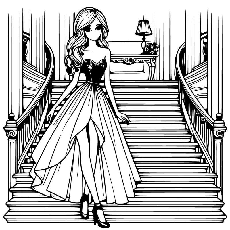 realistic style,girl,wearing fancy dress,tall,slim,walking down a fancy staircase