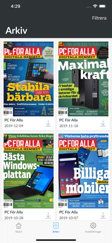 Digital archive screen of the PC för Alla app displaying various magazine covers from late 2019.