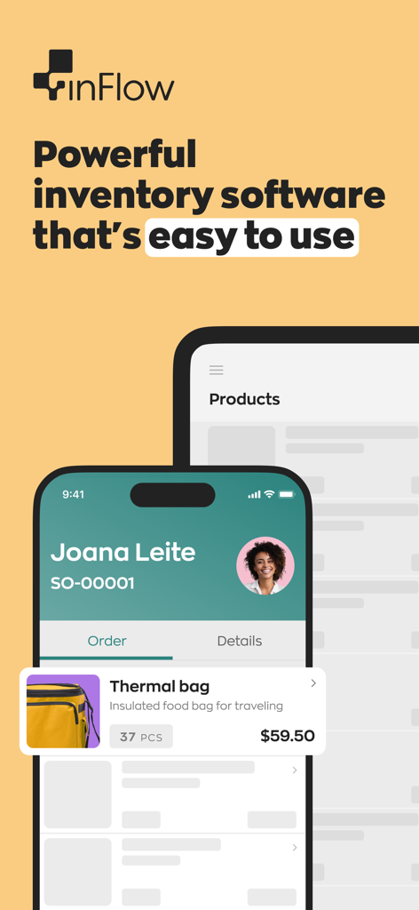 Ein Screenshot der inFlow Inventory Mobile App, der Produktdetails und Bestellverwaltungsbildschirme anzeigt
