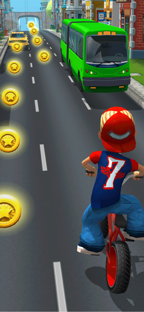 Un personaje en una bicicleta BMX recogiendo monedas de oro mientras esquiva un autobús verde en una calle de la ciudad