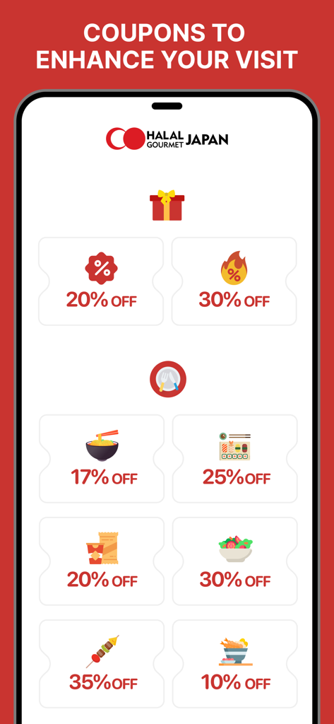 Halal Gourmet Japan - A selection of halal restaurant discount coupons in the Halal Gourmet Japan mobile app.