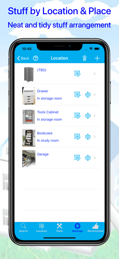 Mobile app interface showing organized home inventory by locations including garage and storage room