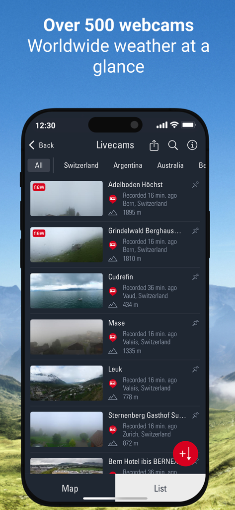 Weather Alarm: Switzerland - Una lista de cámaras web en vivo de alta resolución en la aplicación Weather Alarm Switzerland que muestran condiciones en tiempo real en lugares como Adelboden y Grindelwald.