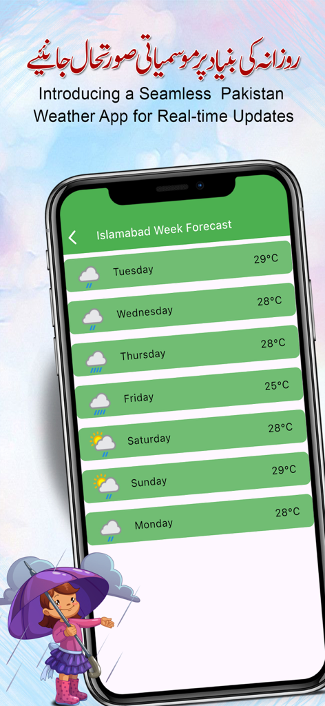 Daily Pakistan Weatherアプリのイスラマバードの週次天気予報。