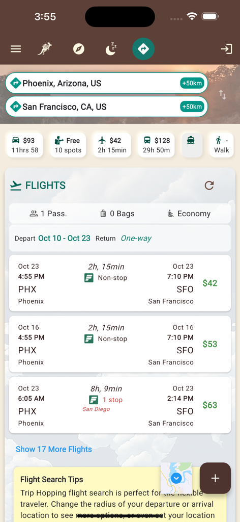 Interfaz de la aplicación móvil Trip Hopping mostrando resultados de búsqueda de vuelos y varias opciones de modo de viaje de Phoenix a San Francisco