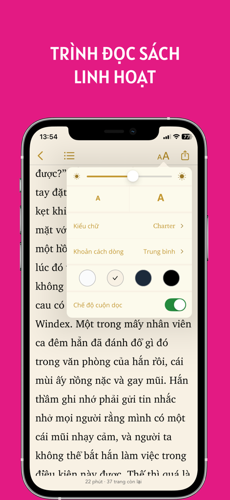 Tiểu thuyết hay chọn lọc - ベトナム語小説リーダーのモバイルインターフェース。カスタマイズ可能なフォントと背景設定が表示されています。