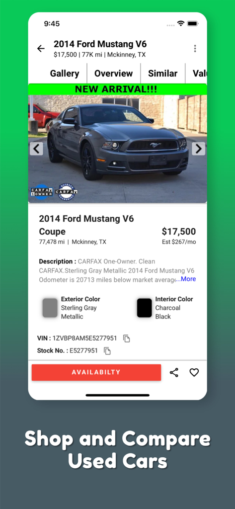 Detailed used car listing on the VIN Check app for a Ford Mustang showing price and specs