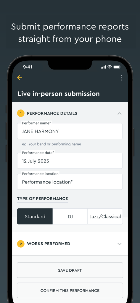 A mobile app screen for music creators to submit live performance reports including performer name date and location