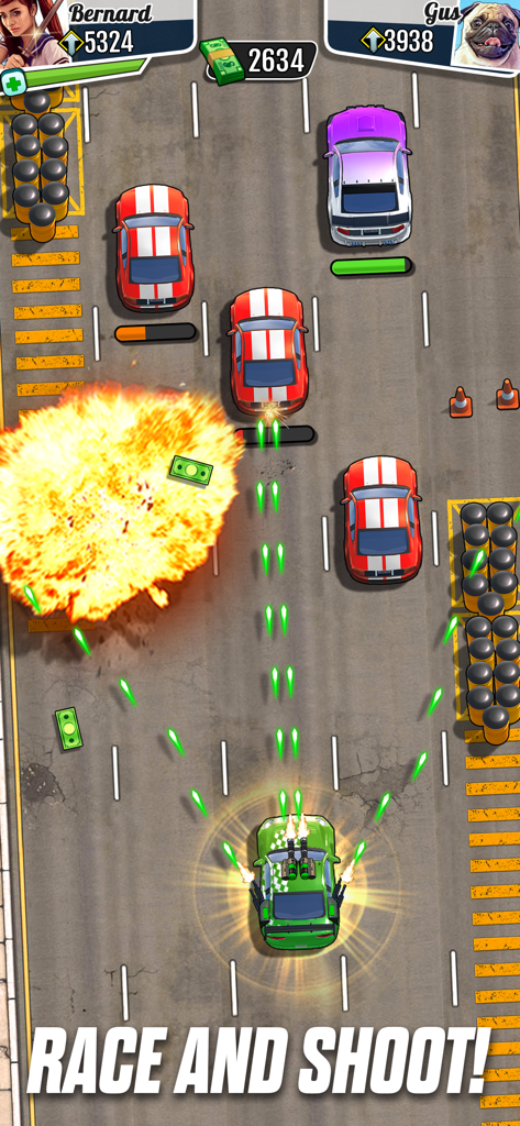 Uma vista aérea de um carro de combate verde disparando lasers em veículos inimigos com uma grande explosão em uma rodovia urbana em Fastlane Road to Revenge.