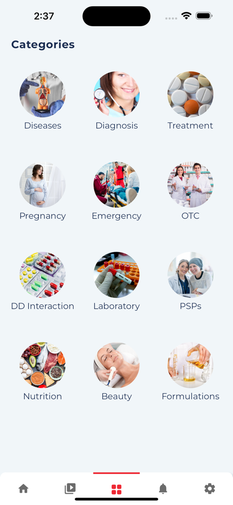 Nexus App - Nexus app categories screen showing medical topics like diseases, diagnosis, treatment, and laboratory results for healthcare professionals.