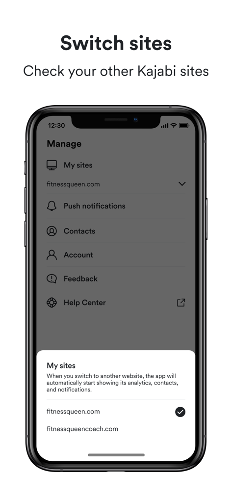 Kajabi Creator - Schermata mobile dell'app Kajabi Creator che visualizza il menu di cambio sito per gestire più account aziendali.