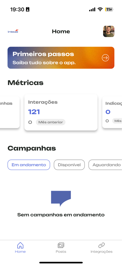 Inbazz Creators - Inbazz Creators app home screen showing social media metrics and influencer campaign management sections.