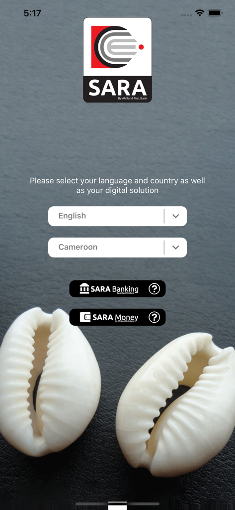 SARA BY AFRILAND - SARA by Afriland app splash screen for language and country selection