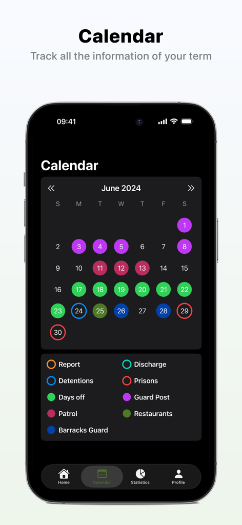 Apolyomai - 군 복무 임무 및 전역 날짜 추적에 사용되는 아폴로마이 앱의 색상 코드로 구분된 캘린더