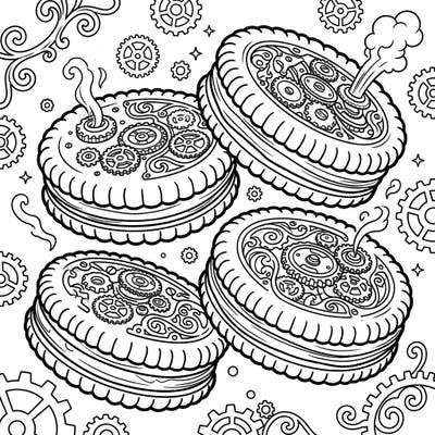 Step into a whimsical world where delicious treats meet intricate machinery with our Steampunk Sandwich Cookies coloring page. These delightful designs offer a creative escape for fans of both baking and industrial fantasy.
