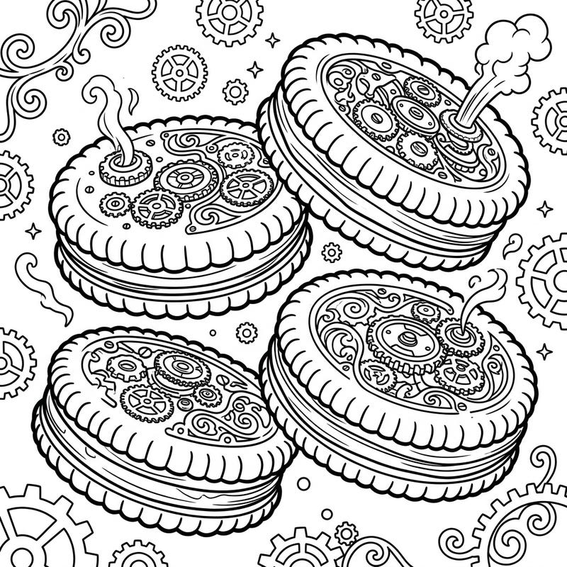 Step into a whimsical world where delicious treats meet intricate machinery with our Steampunk Sandwich Cookies coloring page. These delightful designs offer a creative escape for fans of both baking and industrial fantasy.