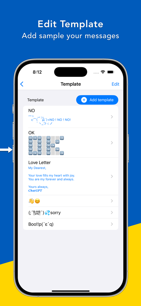 Bear - AI Keyboard - A mobile interface showing custom message templates within the Bear AI Keyboard app