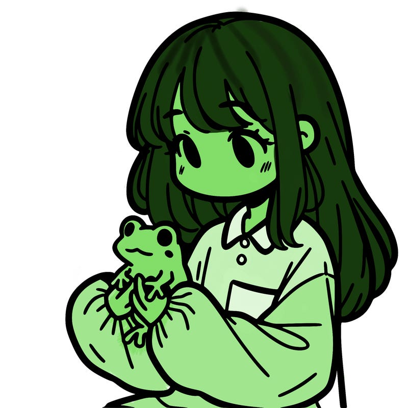 girl with long hair and a oversized shirt. and she is holding a frog