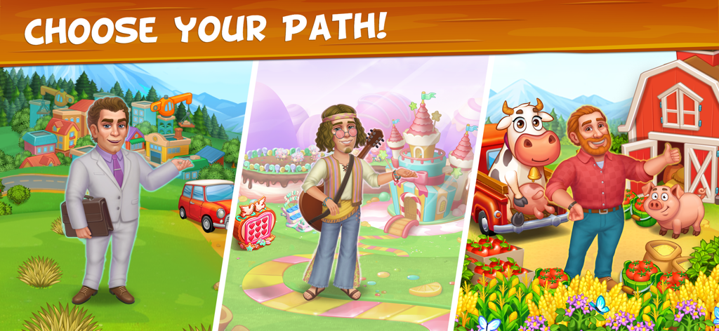 Farm Town - Family Farming Day - A graphic showing three different character paths in Farm Town including a businessman a musician in a candy world and a traditional farmer