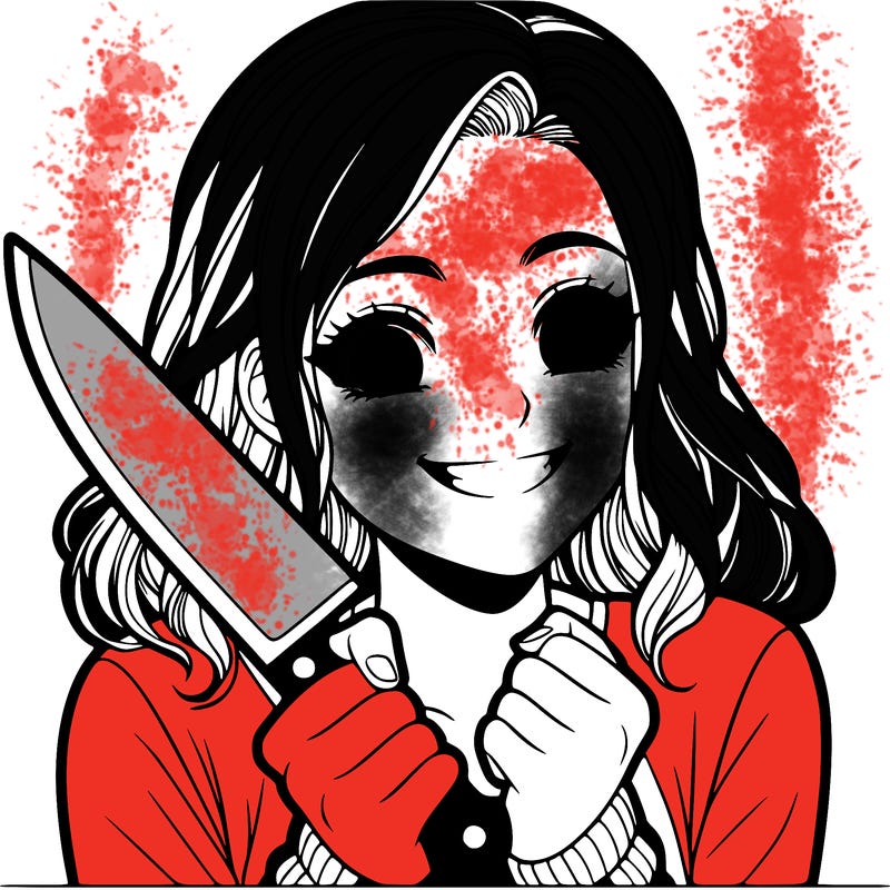 a realistic girl holding a knife and grinning