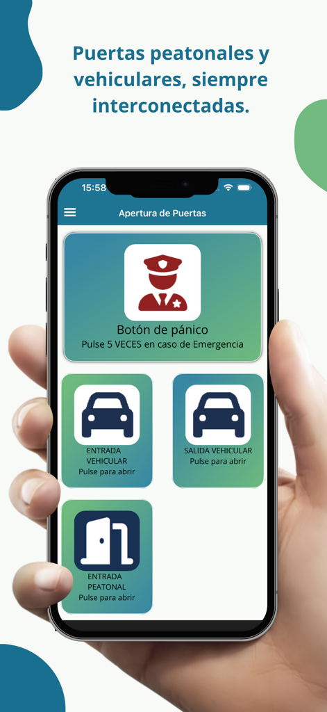 ENTER App - Interface móvel do ENTER App mostrando controle remoto para portões de pedestres e veículos, além de um botão de pânico