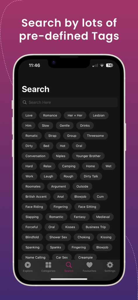Search screen of the Erotica app showing a wide variety of story tags including romance and lesbian