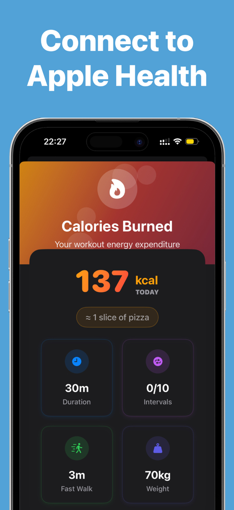Calories burned dashboard in the Japanese Walking Method app showing daily energy expenditure and walking interval stats